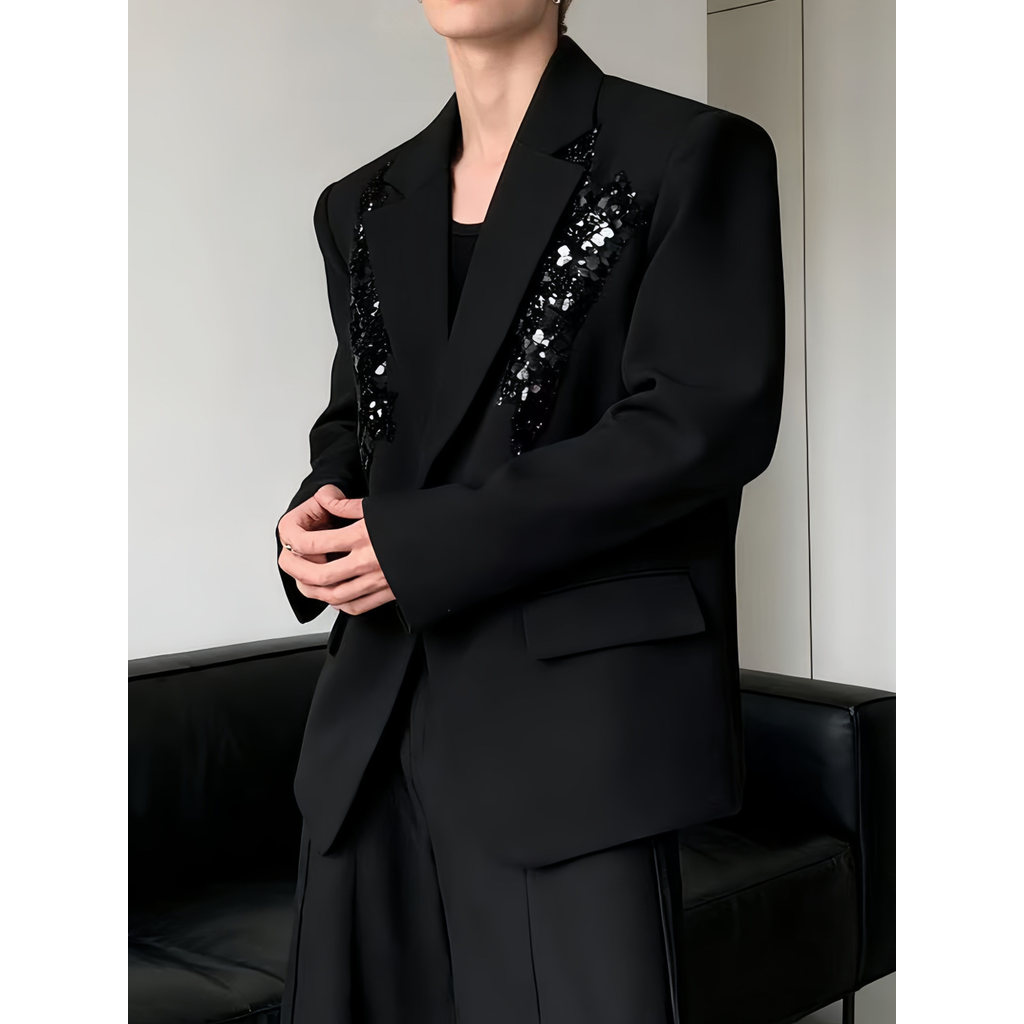 Luz de luxo lantejoulas bordado Design almofadas de ombro preto terno jaqueta masculina High-End sentimento rufião bonit