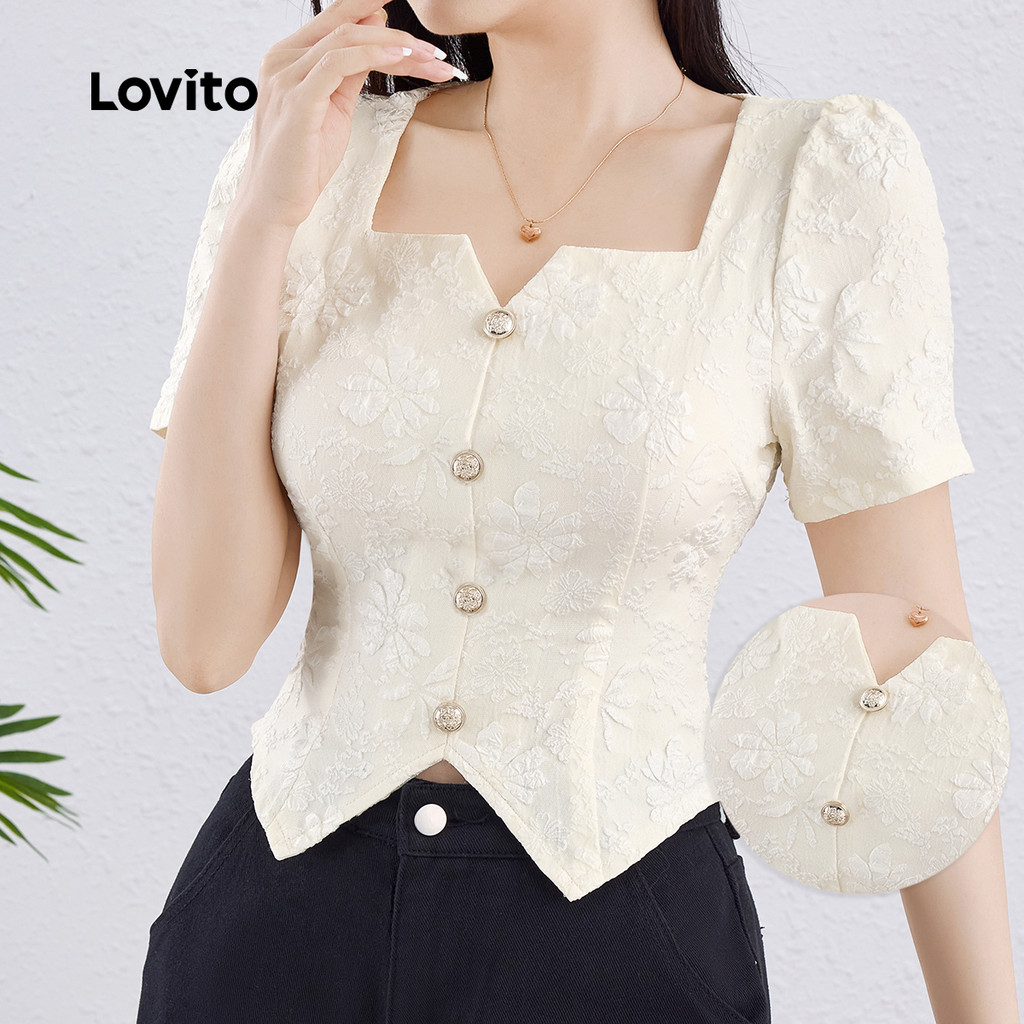 Lovito Elegante Blusa Com Botões Recortados Primavera/Verão Blusa Branca Para Mulheres L138AD1249