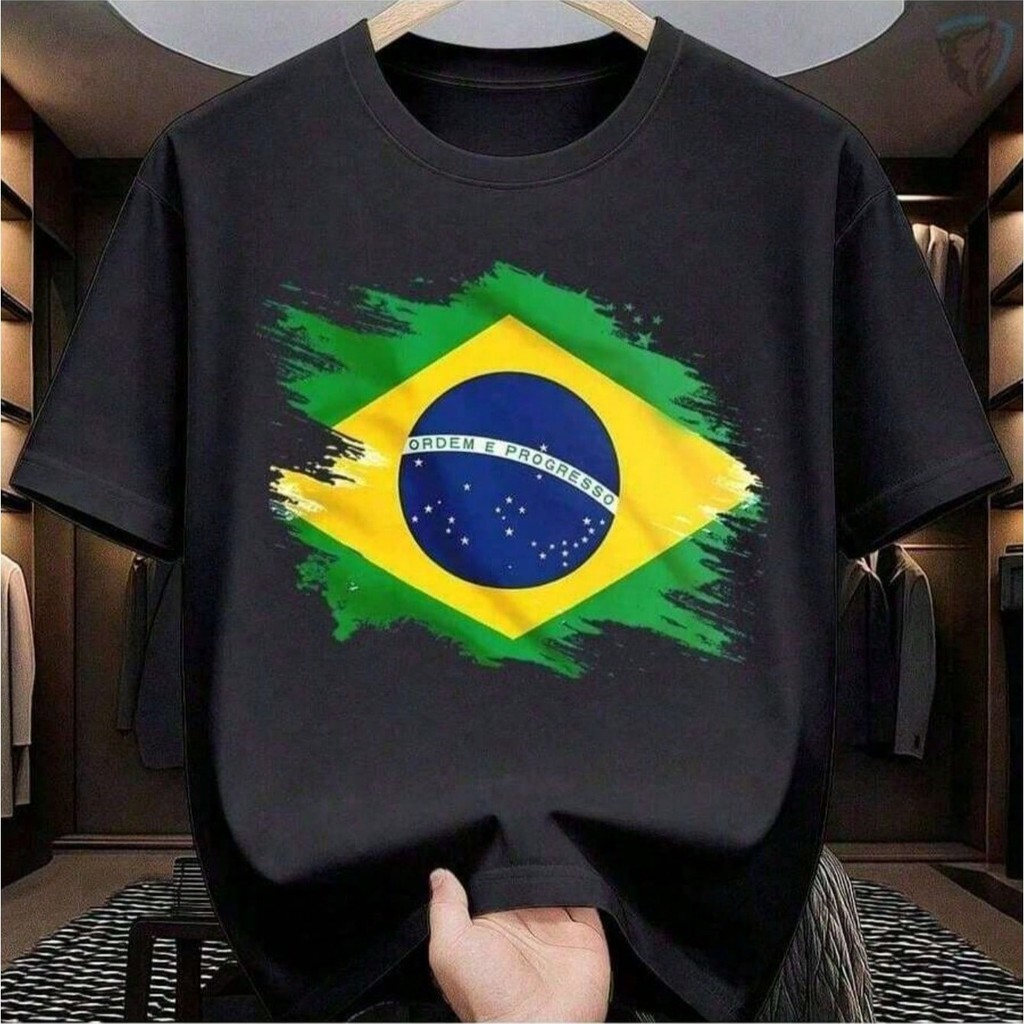 Camiseta Feminina Masculina Bandeira do Brasil Efeito Pincel Orgulho Nacional Copa do Mundo e Eleições Mais Barata