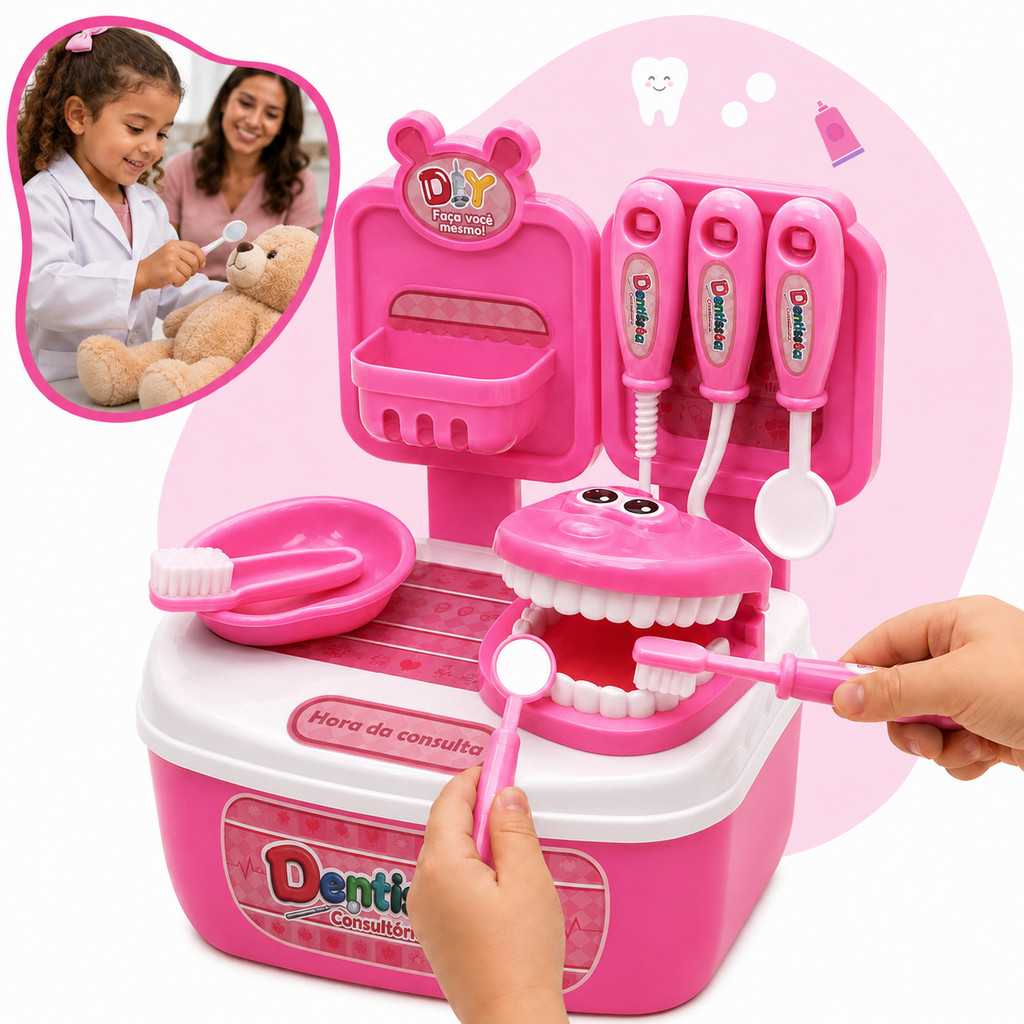 Mini Maleta Dentista Infantil 12 Peças Faz de Conta Kit Odontologia Com Adesivos Brinquedo Educativo Menina Kizumba