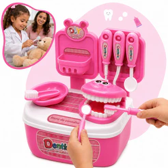 Mini Maleta Dentista Infantil 12 Peças Faz de Conta Kit Odontologia Com Adesivos Brinquedo Educativo Menina Kizumba