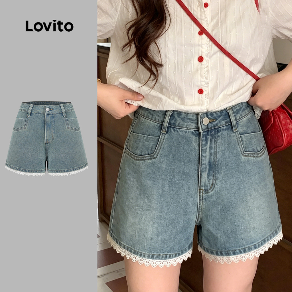 Lovito Shorts Jeans Casuais com Bolso de Cor Sólida Botões Primavera/verão Azul feminino L200AD203