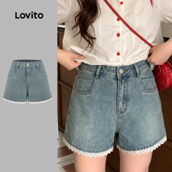 Lovito Shorts Jeans Casuais com Bolso de Cor Sólida Botões Primavera/verão Azul feminino L200AD203