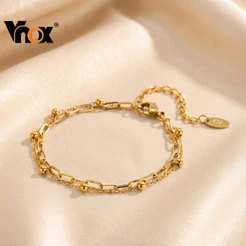 Vnox Pulseira Moderna Em Camadas De Ouro , Aço Inoxidável Para Mulheres , Corrente De Contas E Clipe De Papel , Joias Da
