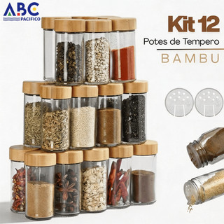 Kit 12/24 Potes Vidro Tampa Bambu Dosadora Porta Temperos Condimentos Cozinha Hermético O…