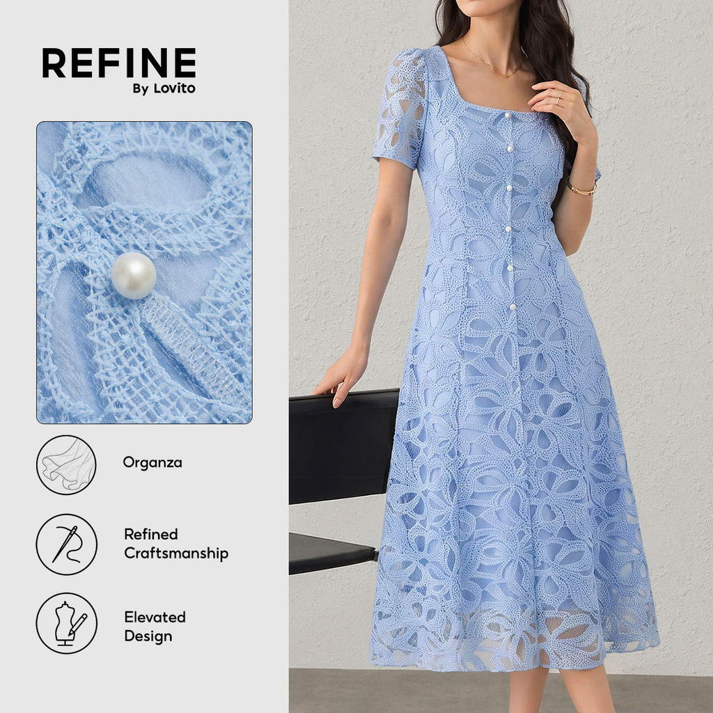 (Refine by Lovito) Vestido Elegante Camadas Duplas Jacquard Azul Primavera/Verão Trabalho LR41A107