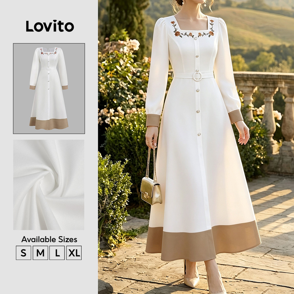 Lovito Vestido Elegante com Botões Frontais em Contraste de Cores para Mulheres outono/inverno DRK8BR020