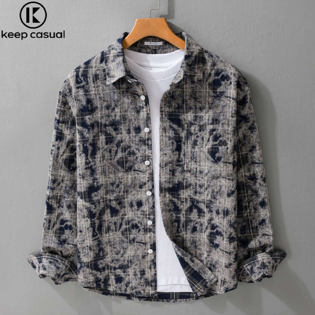 {Mantenha} Camisa masculina de manga comprida xadrez escovada estampada estilo japonês macio literário Casual camisa de 