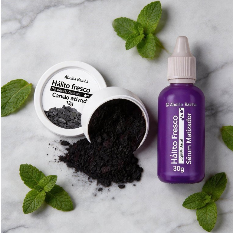 Kit Hálito Fresco – Pó Dental de Carvão Ativado + Sérum Clareador para Dentes Mais Brancos