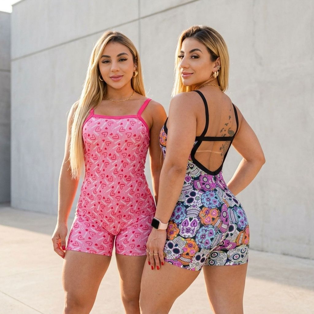 Macaquinho Feminino De Academia Curto Fitness Shortinho Liso Estampado