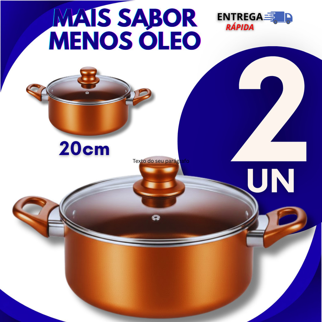 Kit 02 Caçarolas Cobre 20 cm Antiaderente Com Tampa De Vidro Camadas De Teflon Utilidades Panelas
