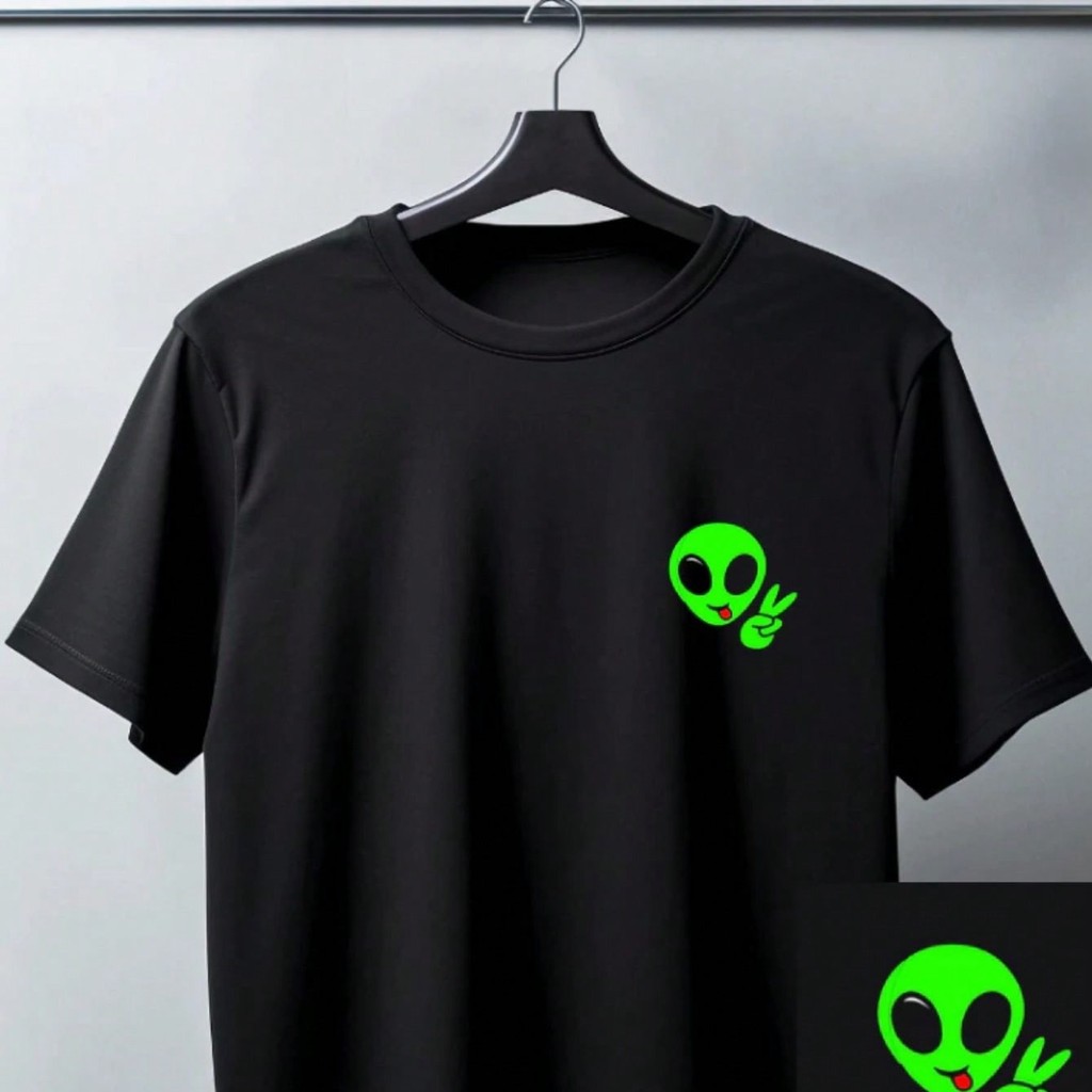 Camiseta Masculina Estampa Alien ET Verde Good Vibes Estilo Regular Manga Curta Estampada Malha 30.1 Algodão Verão