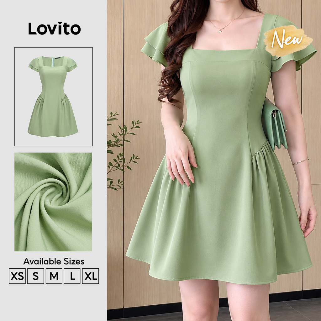 (New Arrival) Lovito Casual Vestido Curto Evase Verde Zíper Babado Primavera Verão Fim De Semana Para Mulheres DRB204P1D344