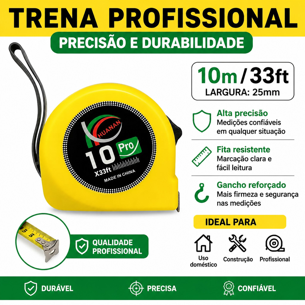 Trena 5/7.5/10 Metros Profissional Emborrachada com Trava Fita Aço Carbono Alta Precisão Resistente