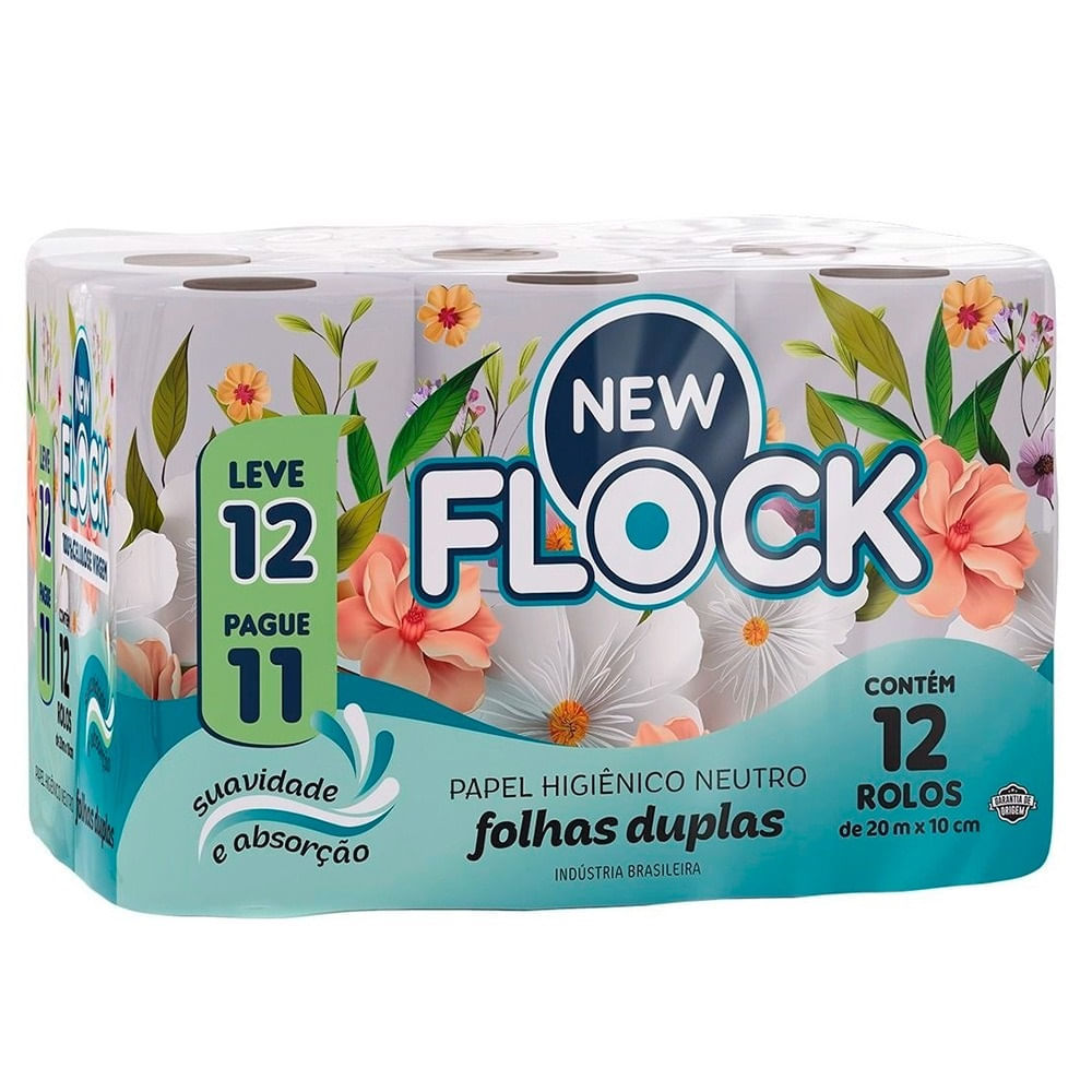 Papel Higiênico New Flock Premium Folha Dupla 20m 12 unidades