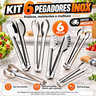 Kit 6 Pegador Aço Inox Pegadores Massa, Salada, Universal, Frios, Gelo e Carne Utensílios de Cozinha