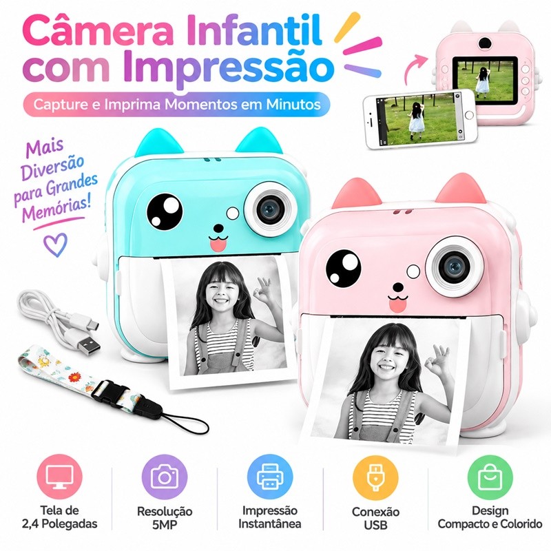 Câmera  Impressora Infantil Para Crianças Vídeo Fotografia Digital Térmica Boy Girls AIRER.BR
