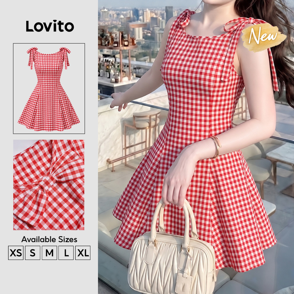 (New Arrival) Lovito Vestido Elegante Com Babado Na Barra Primavera/verão Vermelho/branco DRK9P2D115
