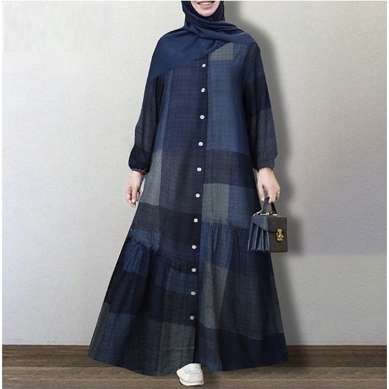 Pronto estoque Plus Size feminino novo estilo primavera outono manga comprida simples solto Casual longo vestido xadrez 