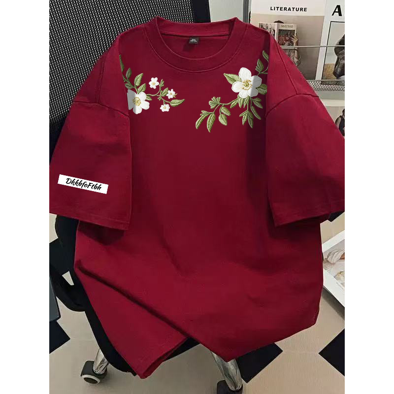 Verão Floral impresso imitação bordado meninas 100% algodão camiseta de manga curta estudantes do ensino médio versão co
