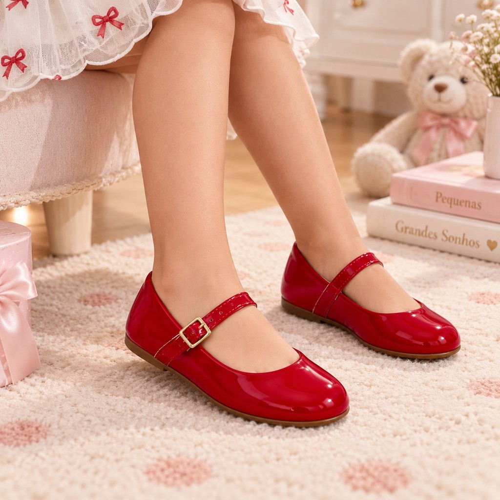 Sapatilha Infantil Menina Boneca Lisa Verniz Fivela Dourada Daminha Festa Social Confortável Elegante Casamento Moda