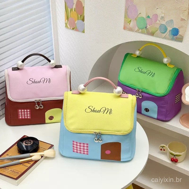 Bolsa de Maquiagem de Viagem Impermeável de Grande Capacidade com Design de Casa Fofa Dopamina GUWY