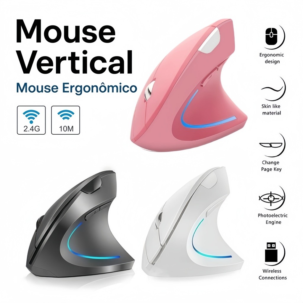 Mouse vertical sem fio, USB ou Bluetooth, clique silencioso