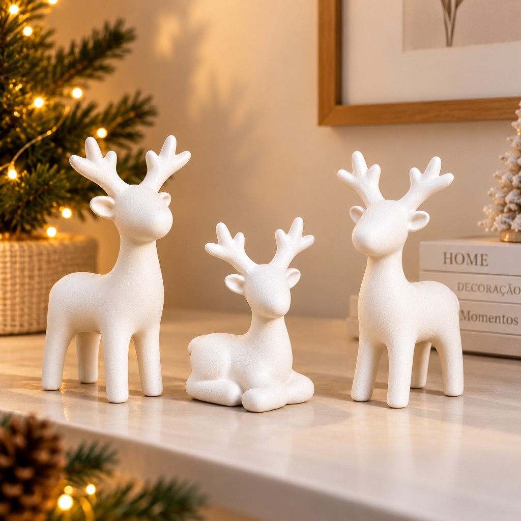 Kit 3 Renas de Natal Decoração Moderna e Minimalista Enfeite de Mesa Sala Quarto Branco Rosa Dourado