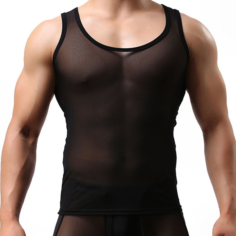 Camiseta de malha masculina, sem mangas, transparente, respirável, de corte justo, ideal para o dia a dia.