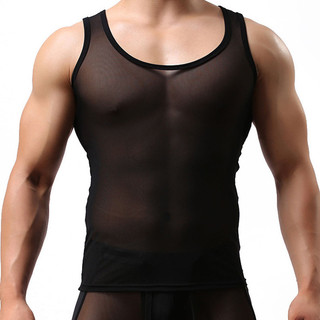 Camiseta de malha masculina, sem mangas, transparente, respirável, de corte justo, ideal para o dia a dia.