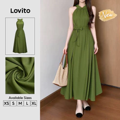 (New Arrival) Lovito Vestido Feminino Verde Elegante Longo E Plissado De Corte Em a Para Trabalho Primavera/verão DRK10P1D1219