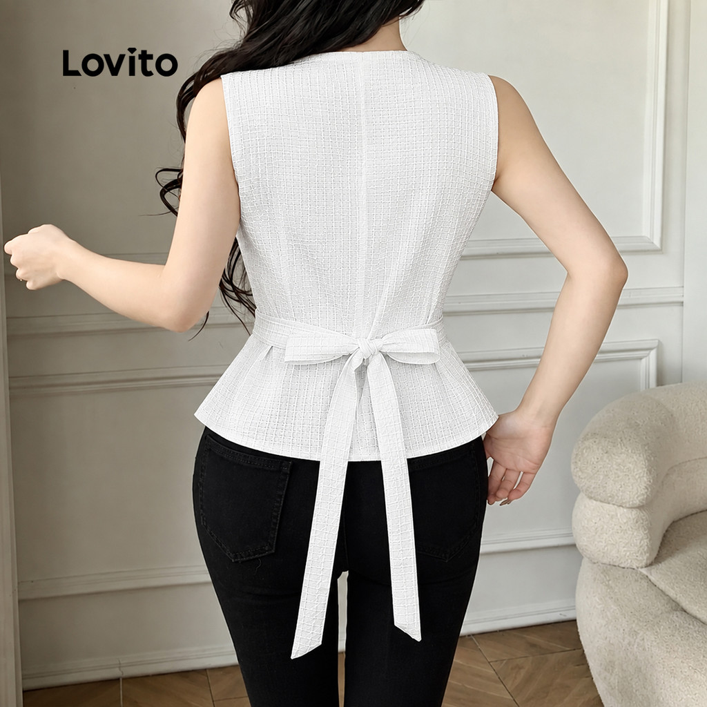 Lovito Top Feminino Branco Assimétrico com Laço Elegante para primavera/verão Sem Manga TKK9P2D247 — imagem 2 de 2