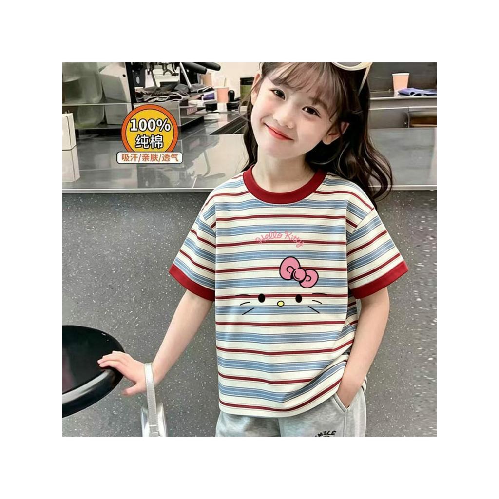 Novo estilo meninos meninas listrado camiseta de manga curta crianças verão estilo fino imitação bordado impresso
