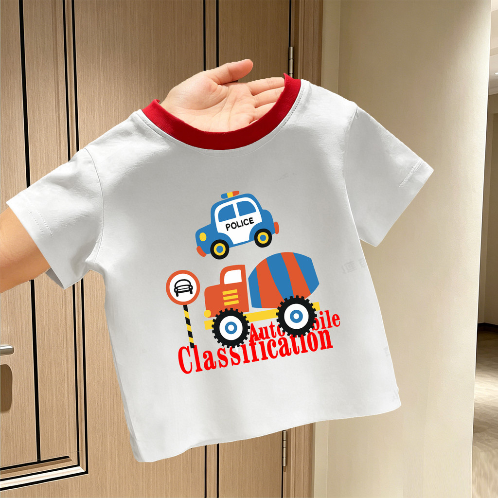 Carro dos desenhos animados dos desenhos animados impresso verão novo produto puro algodão manga curta camiseta meninos 