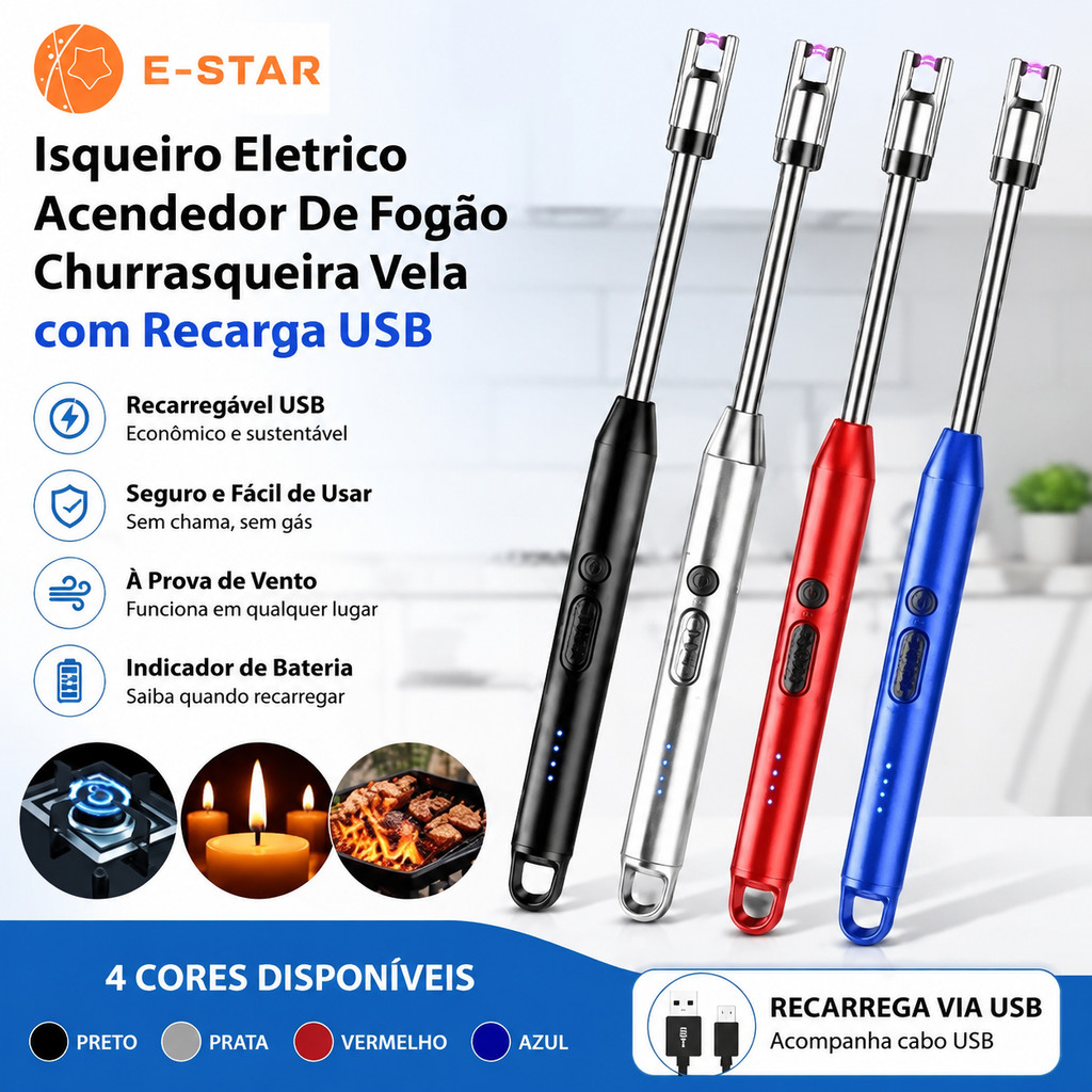 ESTAR Isqueiro Eletrico Acendedor De Fogão Churrasqueira Vela com Recarga USB