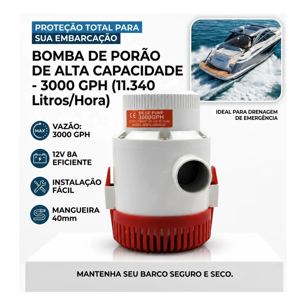 Bomba De Porão Forte 3000 Gph 12v Souza Barco Lancha 11.340 Litros Hora