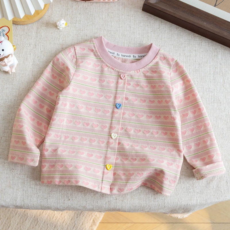 (1-8 Anos) Meninas Coração Impressão Manga Longa Camiseta Primavera Outono Listrado Doce Bonito Criança Crianças Casual 