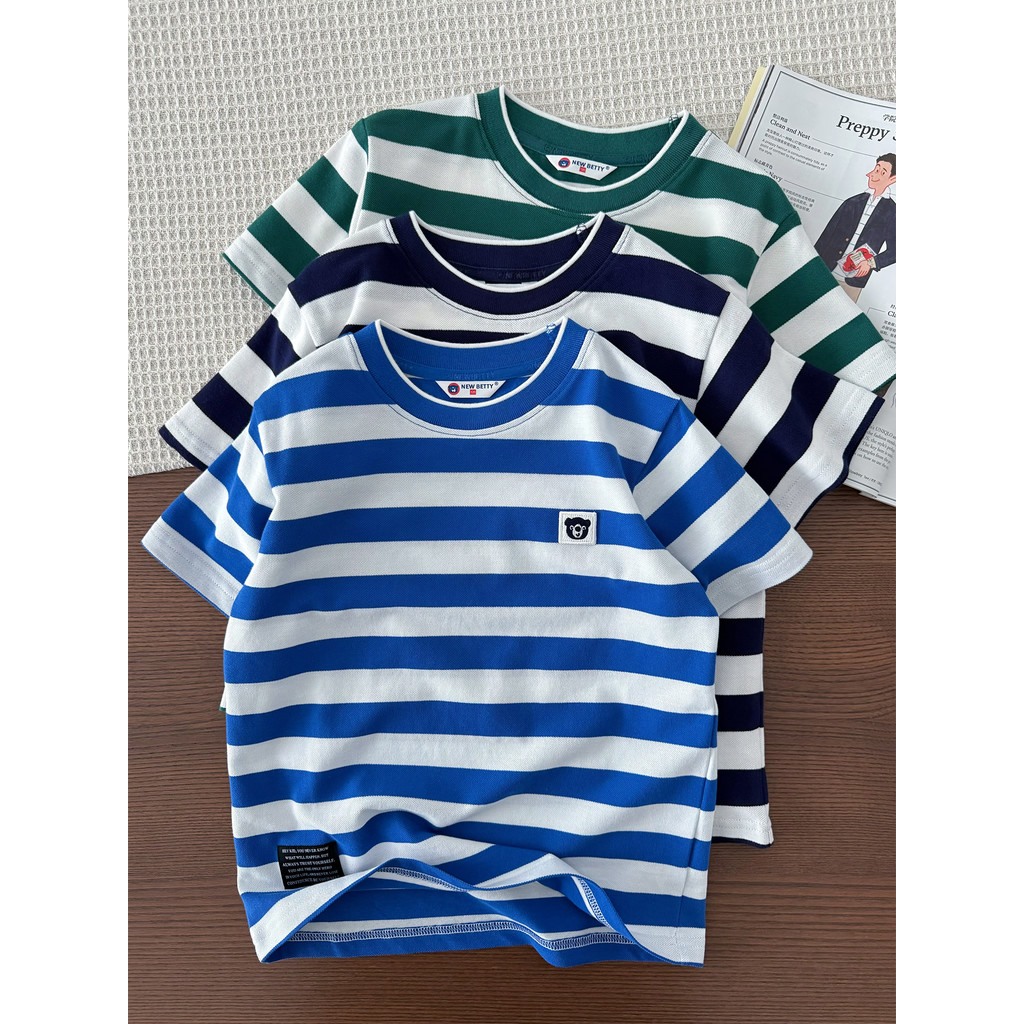 Camiseta de manga curta 100% algodão para meninos classe A ~ Camiseta infantil listrada com gola redonda e meia manga co