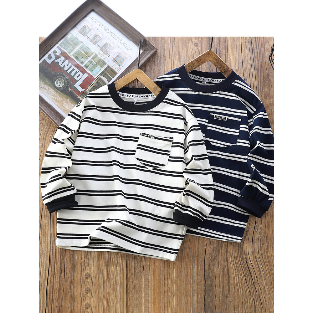 Meninos de manga comprida camiseta primavera outono roupas 2026 novo estilo listrado crianças estilo ocidental camisa de