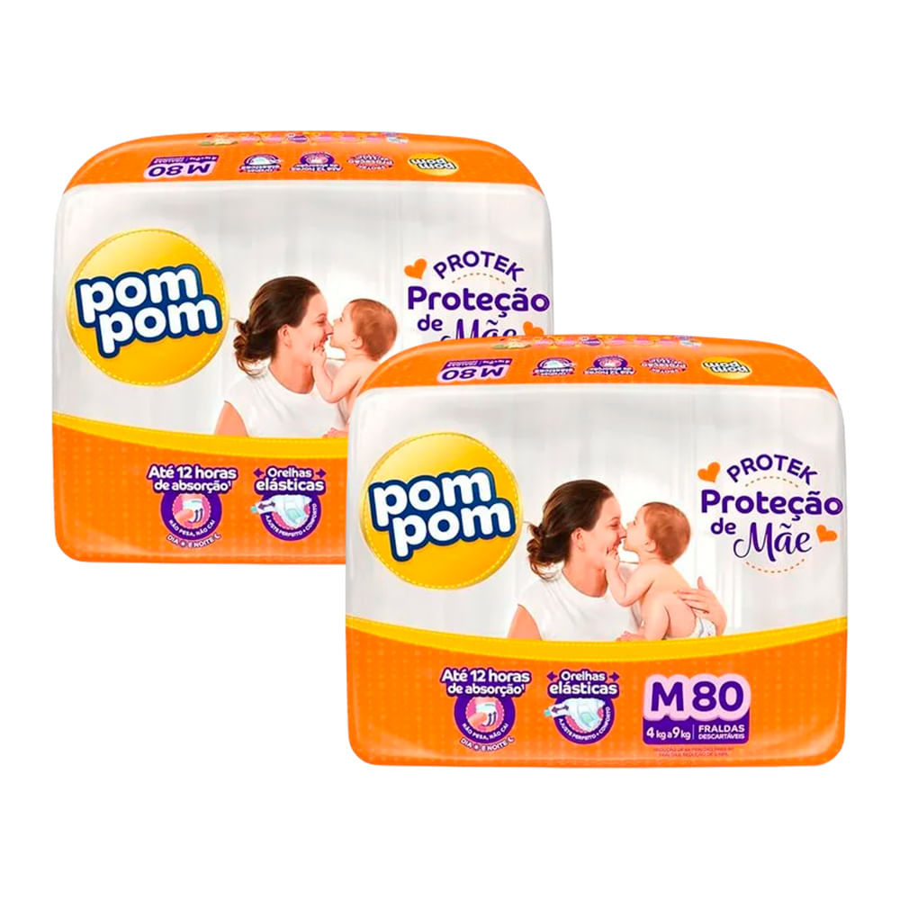 Kit 2 Fralda Descartável Pom Pom Protek Hiper M - 80 Unidades