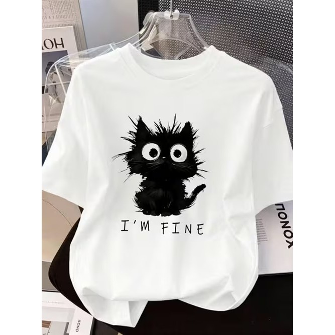 Camiseta Feminina Manga Curta Estampada de Gato Preto Fofa Moderna Estilosa Confortável para Moda Casual Verão Tendência