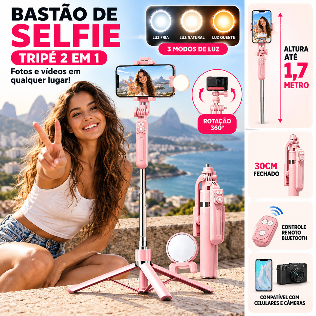 Bastão selfie 1.7m com luz LED - Suporte giratório 360°, remoto Bluetooth, dobrável para viagem