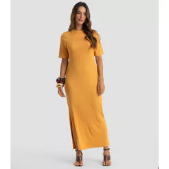 Vestido Midi Em Ribana Viscose Manga Raglan Dianna Amarelo