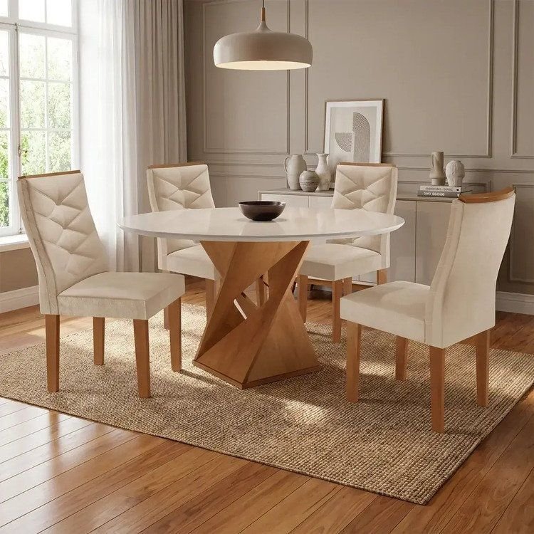 Conjunto Mesa Redonda com 4 Cadeiras Tampo MDF Barcelona Yescasa Cinamomo/Off White/Suede Pena