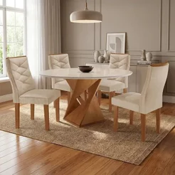 Conjunto Mesa Redonda com 4 Cadeiras Tampo MDF Barcelona Yescasa Cinamomo/Off White/Suede Pena