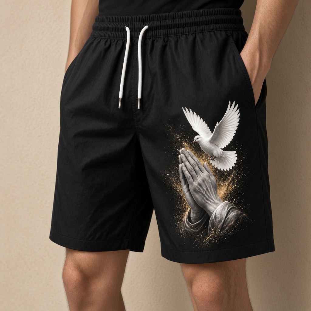 Short Moda Praia Masculino Bermuda Verão Tec Tell Mão Orando Pombo Cristão Academia Treino Corrida Musculacao Fit