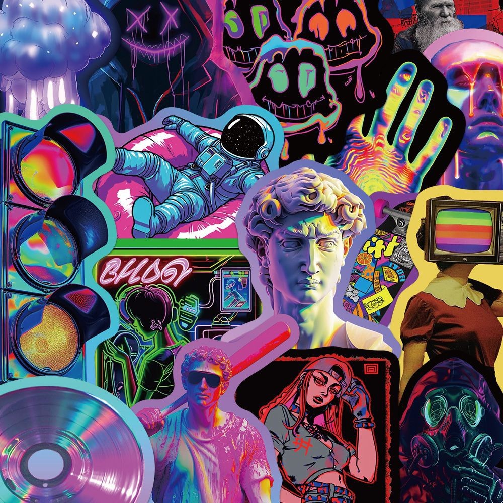 100 folhas Laser Cyberpunk adesivos tecnologia sentido fantasma colorido psicodélico psicodélico abstrato manual exclusi