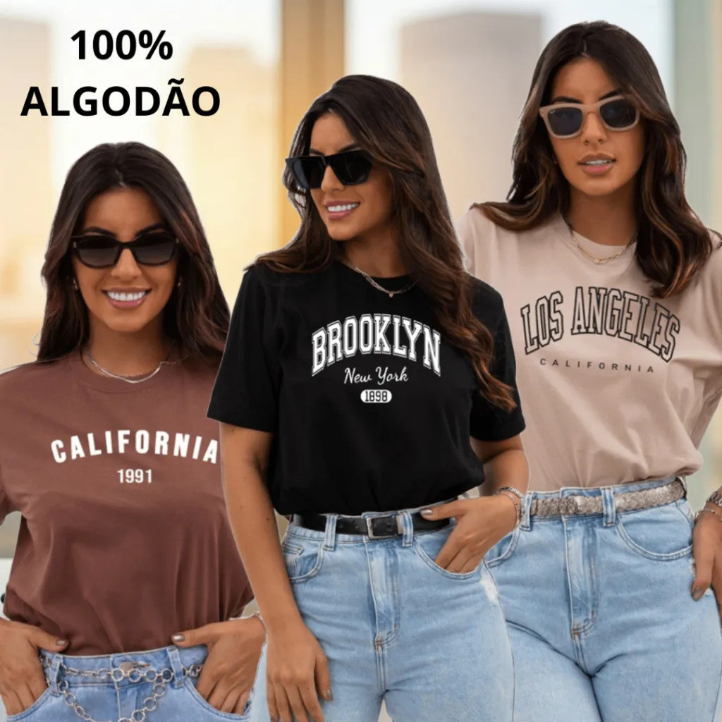 Kit 3 Camisetas Feminina 100% Algodão Brooklyn California Los Angeles New York Blusinha Estampada Moda Casual Roupa