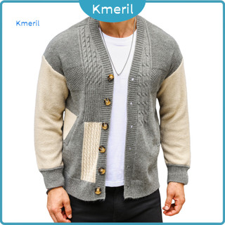Men Cardigan Coat Color-blocked Jacket Men's Fall Winter Thick Knit Sweater with Pockets Single-breasted V-neck Colorblo