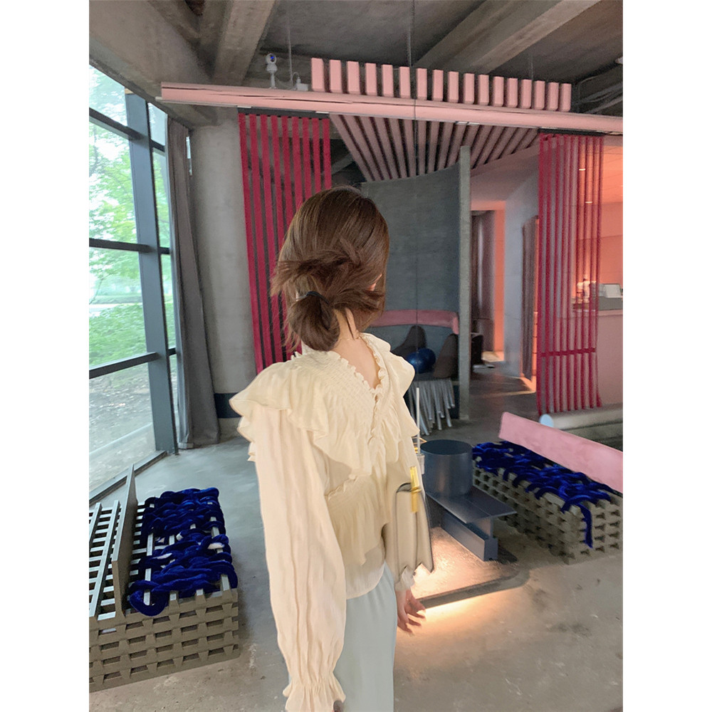 Outono damasco Chiffon camisa feminina primavera outono manga comprida doce redução de idade estilo ocidental camisa peq